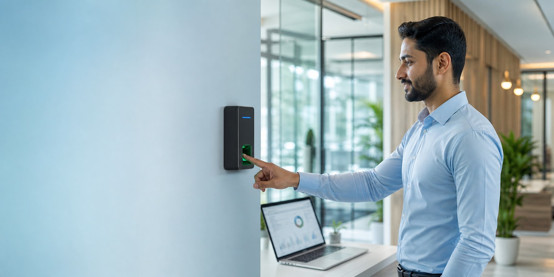 Employee checking in with a fingerprint biometric attendance device