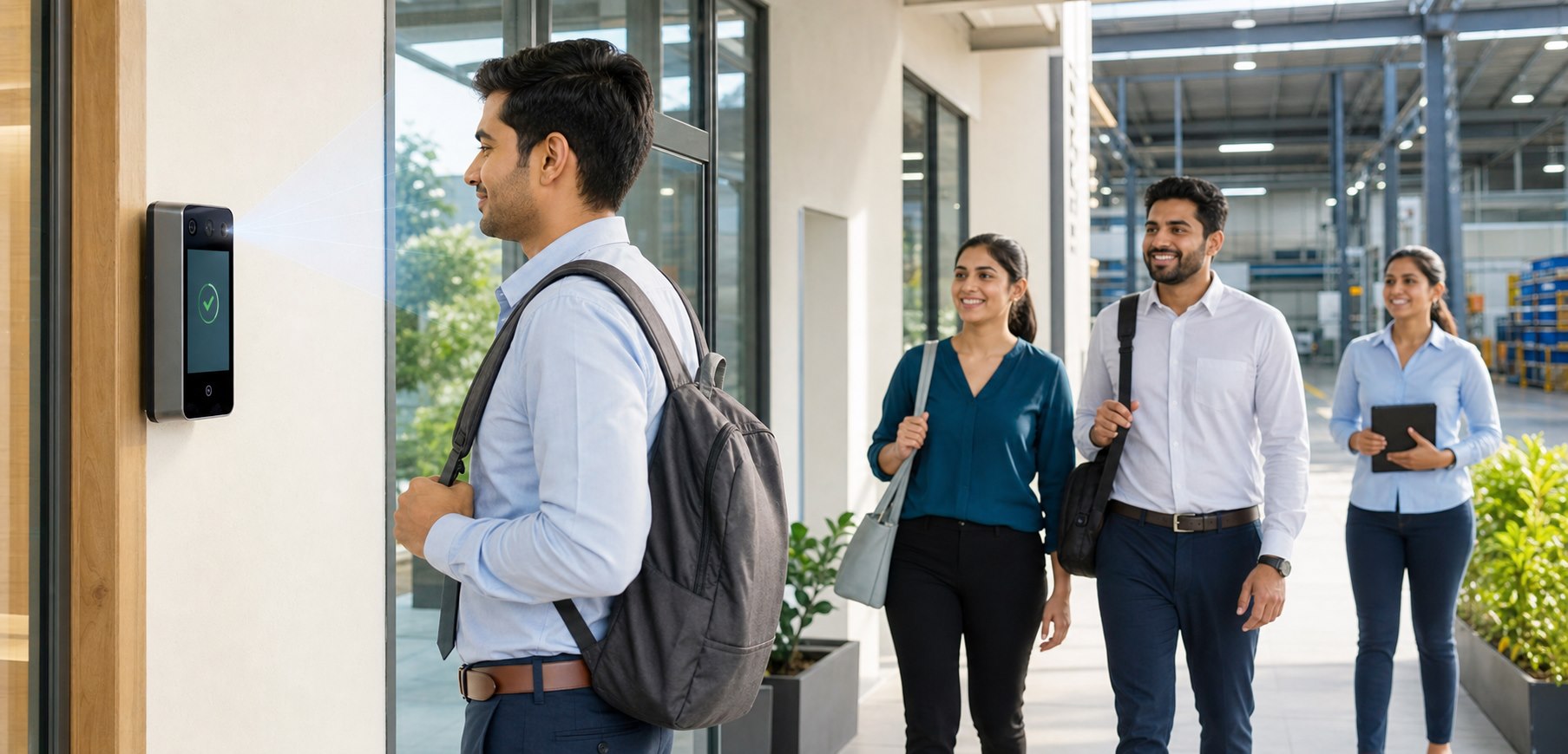 Team using contactless face-recognition attendance at a workplace entrance
